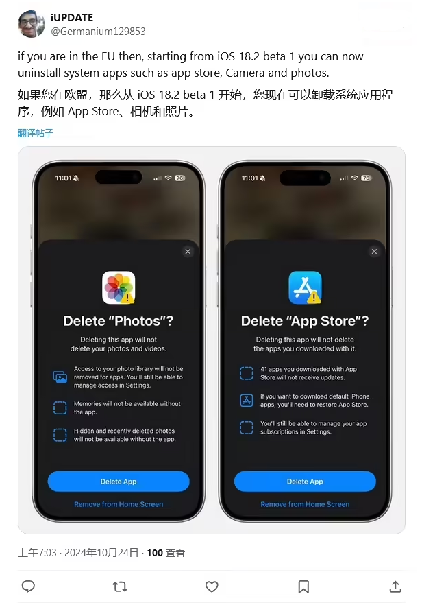 城东苹果手机维修分享iOS 18.2 支持删除 App Store 应用商店 